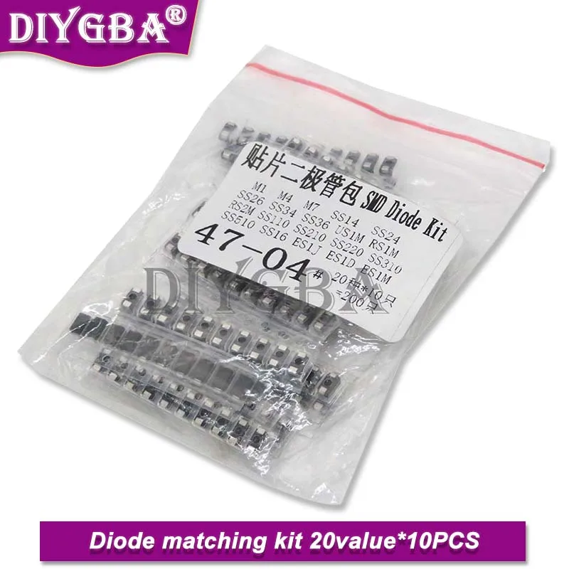 Smd diode sortiertes kit 20 wert * 10pcs = 200pcs enthält ss110 ss220 ss210 ss310 ss510 ss16 ss26 ss34 ss36 es1j es1d m7 m4 us1m Image