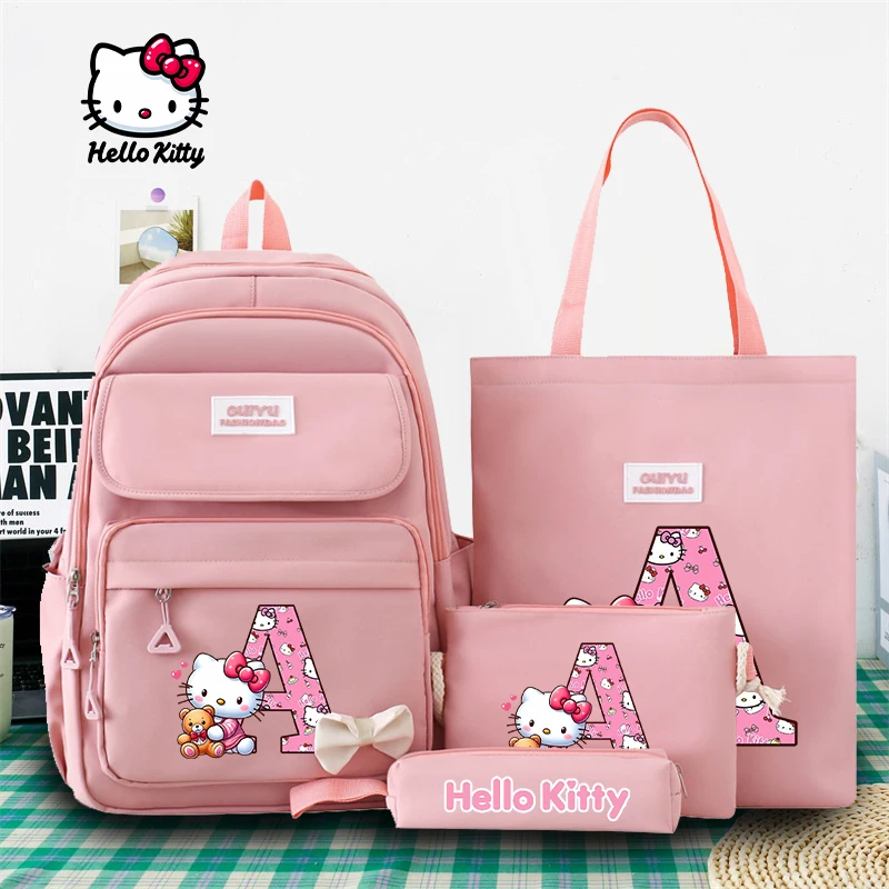 Sanrio 4-teiliges Rucksack-Set, Hello Kitty, Buchstaben-Federmäppchen, Schultaschen, Segeltuchtaschen, Y2K-Mädchen mit hoher Kapazität, neue Semester-große Geschenke