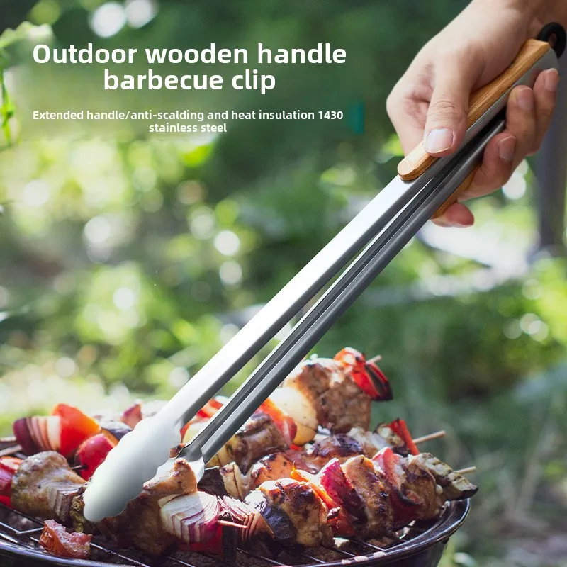 Edelstahl-Lebensmittel zange mit hitze beständigen Holzgriffen, verbrühungs hemmender Steak zange, Grill-Grill zange im Freien, Brot klammern Image