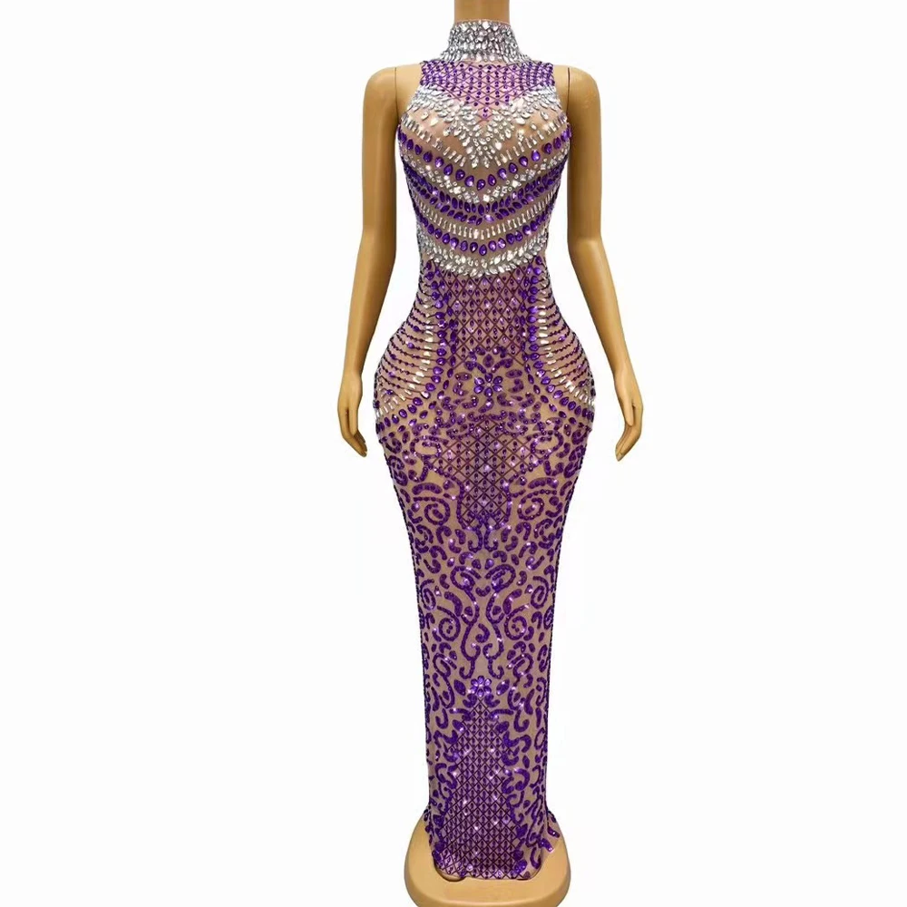 Sexy Bühne Lila Silber Strass Kristalle Ärmelloses Kleid Geburtstag Feiern Steine Transparent Outfit Prom Party Kostüm