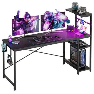 Bestier Gaming Computer Desk With Rgb Led Lights And 4-Tier Storage Shelves, 61"w, Black Grained