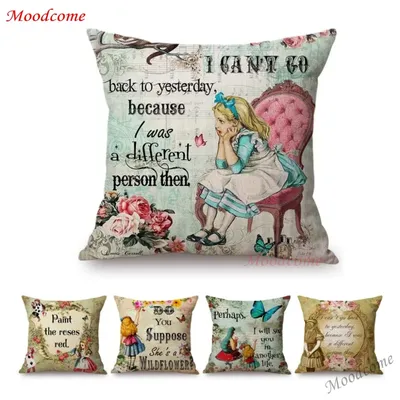 Vintage Alice in Wonderland Cartoon Letters Print Home Decorative Sofa Throw Pillow Case Cotton