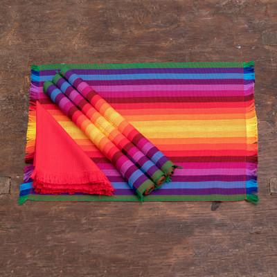 Palopo Rainbow,'4 Handwoven Striped Cotton Rainbow Placemats with Napkins'