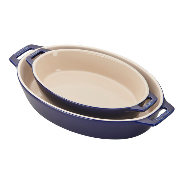 Staub 2-Piece Dark Blue Ceramic Oval Baking Dish Set