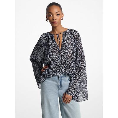 Michael Kors Floral Georgette Flared Sleeve Blouse Blue M