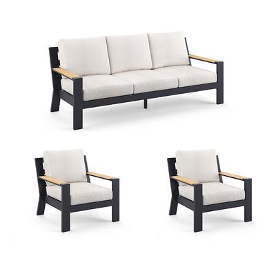 Calhoun 3-pc. Sofa Set with Two Lounge Chairs in Matte Black Aluminum - Standard, Resort Stripe Glacier - Frontgate