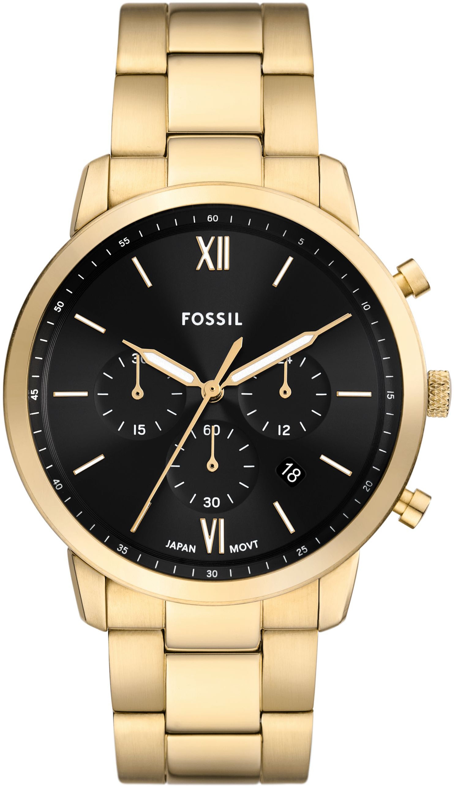 Chronograph FOSSIL "NEUTRA", gold (goldfarben, schwarz), Armbanduhren, Herren, Quarzuhr, Armbanduhr, Herrenuhr, Edelstahlarmband, analog, Tag Image