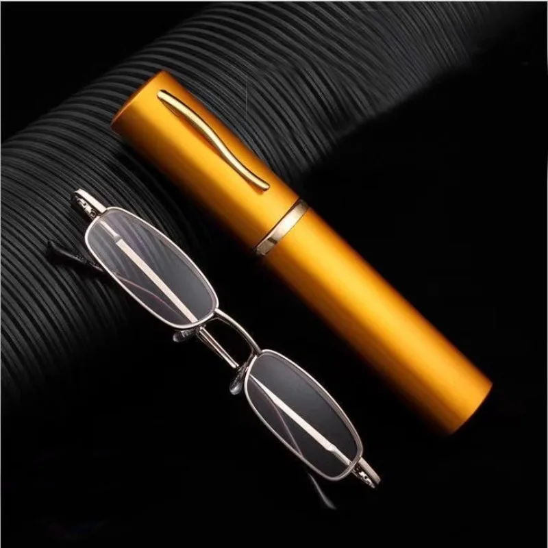 Mai Blume Gold Lesebrille Mit Fall Tragbare Brillen Rahmen Mini Stift Fall Männer Frauen Klapp Brillen Image