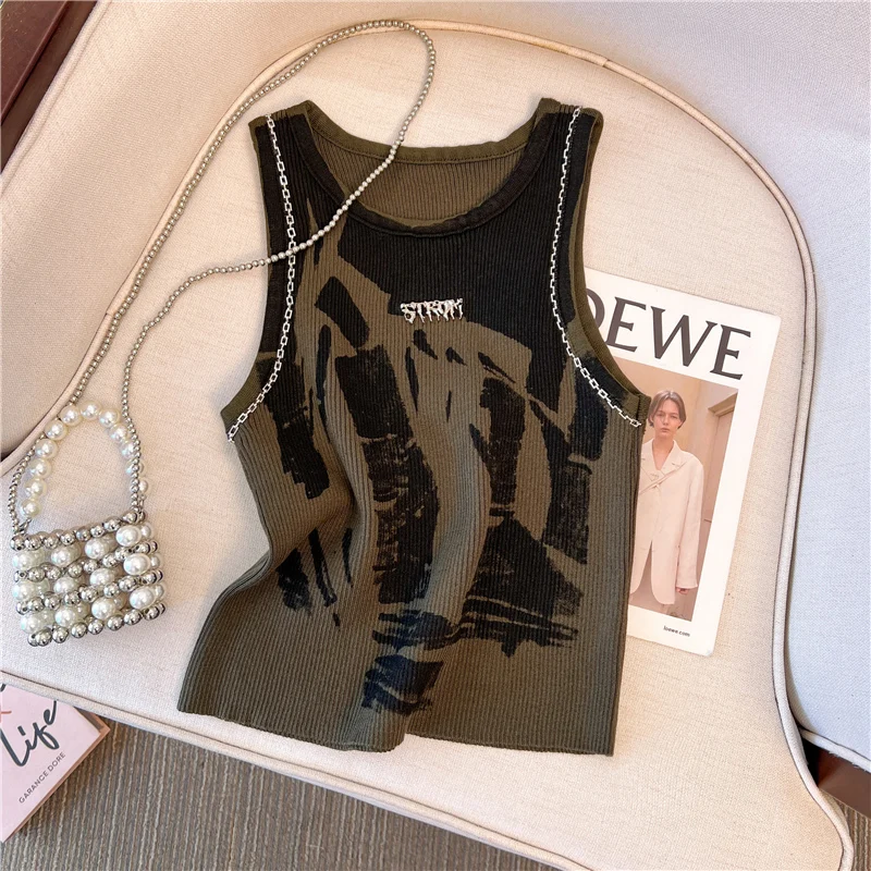 Elastische Tie Dye Auge Brief Grafik Tank Top Frauen Sommer Y2K Kleidung Rundhals Ärmel Crop Top Weste Streetwear Stricken Camis Image