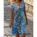 Damen Mini Kleid Lässiges Kleid T-Shirt Kleid Tee Kleid Shift Kleid Sommer Kleid Elegant Stylisch Formal Urlaub Arbeit Lässig Leinenähnlich Reguläre Passform Floral Grafik Kurzarm V-Ausschnitt Blau