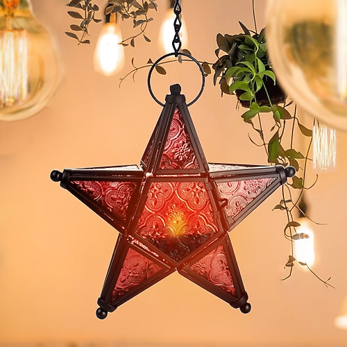 Vintage-Kerzenhalter-Laterne aus Buntglas in Sternform aus Eisenkunst, fünfzackiger, hängender, winddichter Teelichthalter, dekorative Kerzenlaterne aus Eisenglas für Zuhause, Bar, Restaurant und zum Image