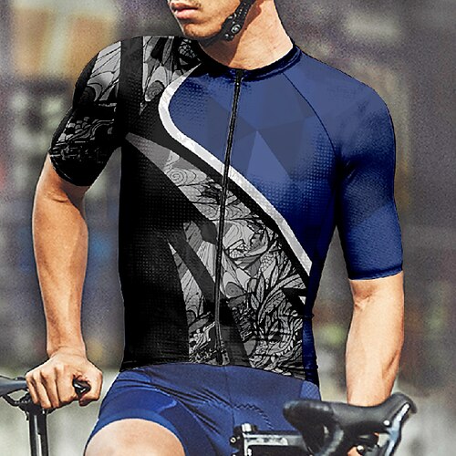 Herren Radtrikot Geometrisch Blume Kurzarm Fahhrad T-Shirt Trikot mit 3 Gesäßtaschen Mountainbike MTB Schnelltrocknend Anatomisches Design Feuchtigkeitsableitend Atmungsaktiv Sport Blau Bekleidung Image