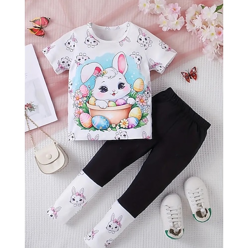 Ostern Mädchen 3D Graphic Hase Kaninchen Pyjama-Sets Pyjama-Sets mit T-Shirt und Hose Kurzarm 3D-Druck Sommer Frühling Aktiv Basic kinderkleidung 4 Jahre Rundhalsausschnitt Heim Täglich Regular Fit Image