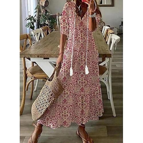 Damen kleid lang Boho-Kleid Kleid drucken Schößchen Kleider Romantisch Klassisch elegante kleider Puffärmel Urlaub Ausgehen Frühlingskleid Lockere Passform Graphic Blume Halbe Ärmel V Ausschnitt Wei