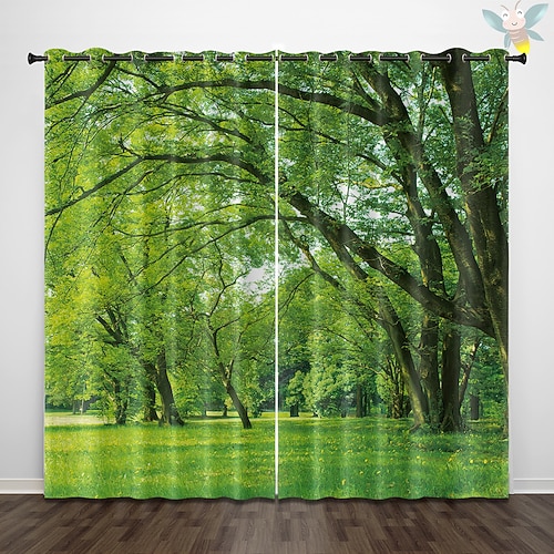 Grüne Heilungsserie, natürliche Waldlandschaft, Isolierung, Außenbalkon, Ruheraum, Wohnzimmer, Heimdekoration, 2-teiliges Set, 3D-Digitaldruck, perforierte Sonnenschutzvorhänge Image