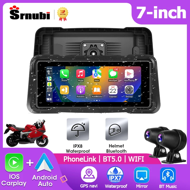 Srnubi 7'' Motorrad DVR GPS navigator Dashcam Drahtlose Carplay Android Auto Moto 1080P Vorne Hinten Cam Dual helm Bluetooth Image