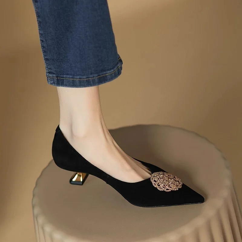 French Black Med Heels Women's Shoe Comfortable Office & Career Shoes Soft Leather Suede Pointed Shallow Shoes Pumps Zapatos