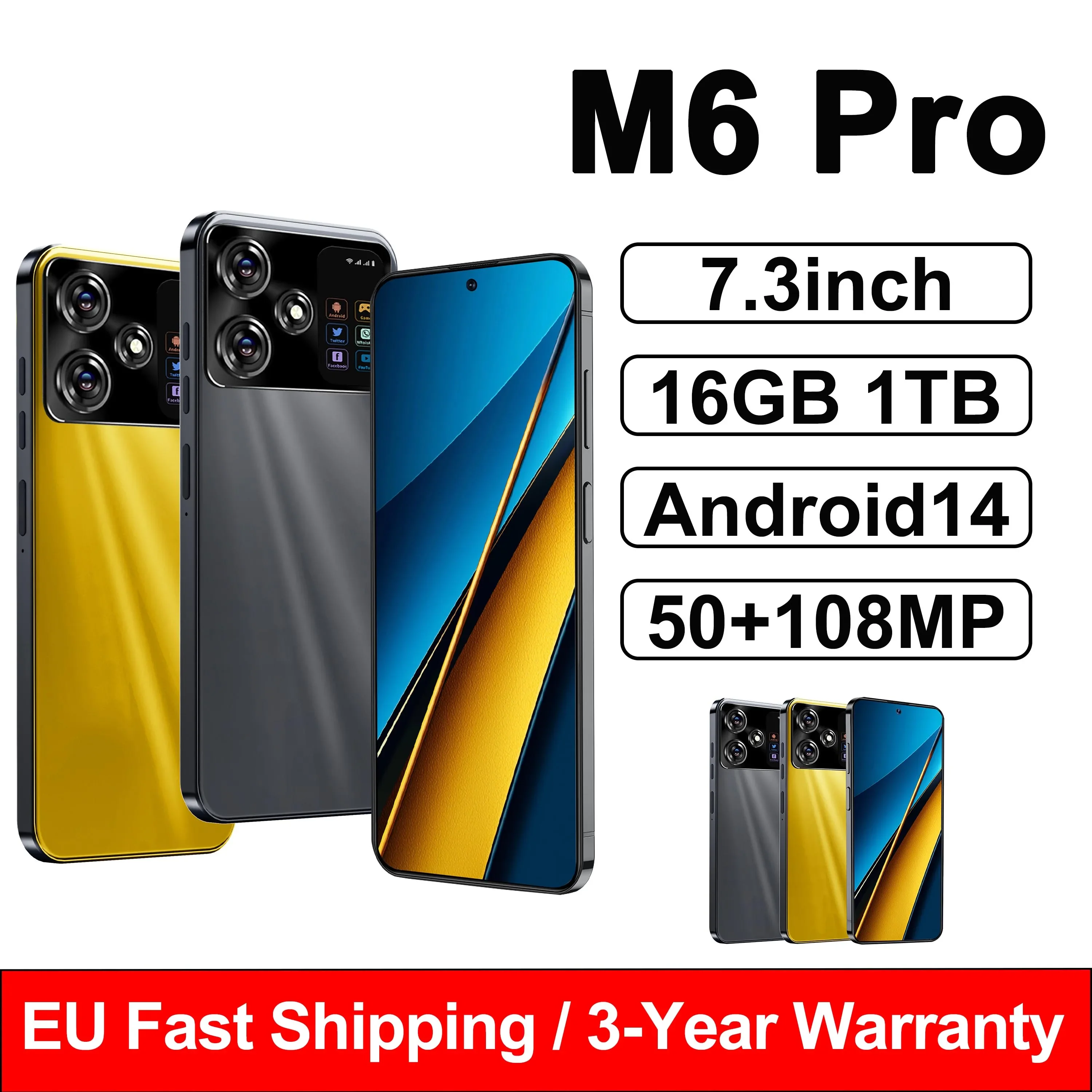 Original M6 Pro Smartphone 7.3inch Global Version 16G+1TB Snapdragon 8 gen3 Android14 50+108MP 4G/5G Cellphone Mobile Phone NFC