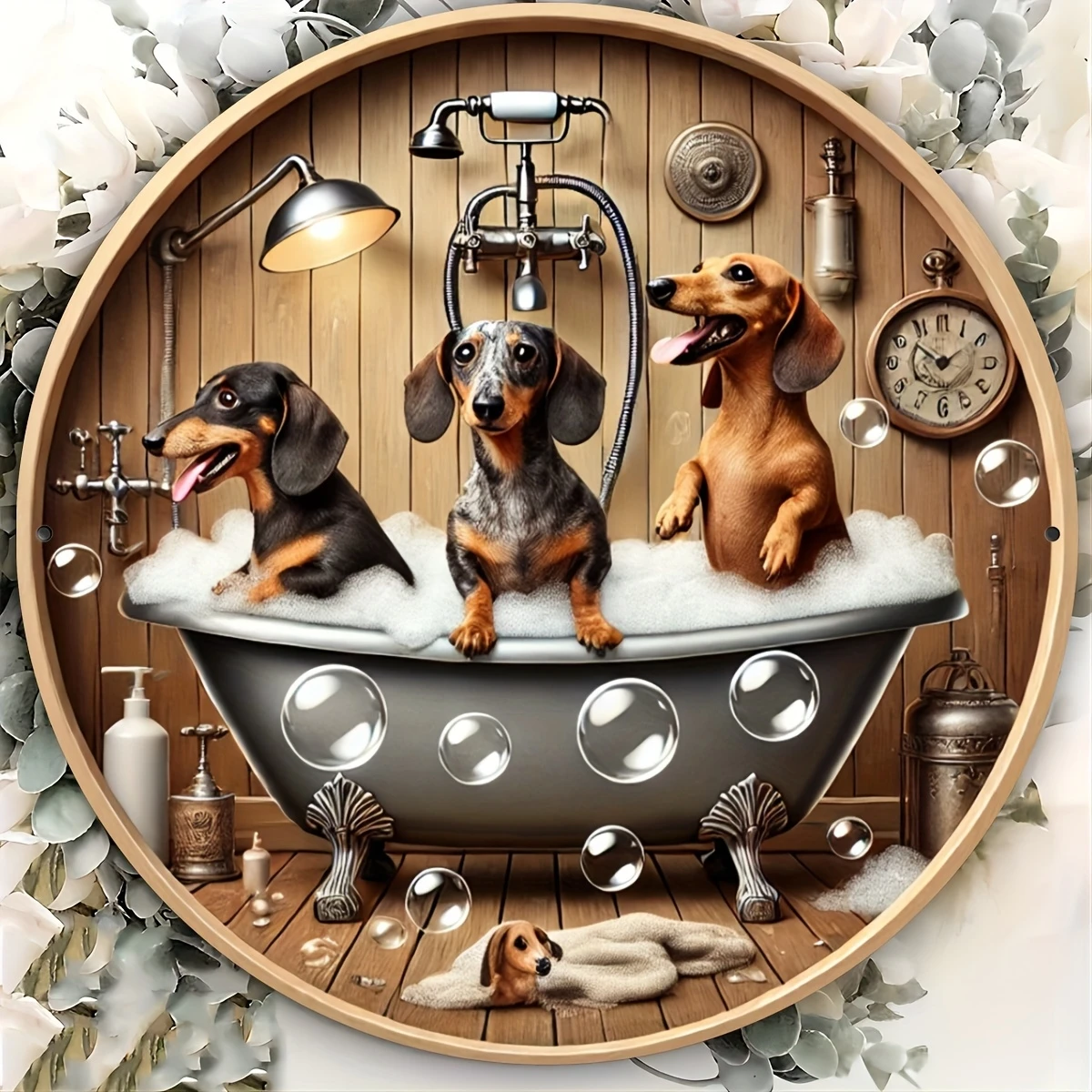 1 Stück „Wash Your Wiener“ Dackel, rundes Holzschild, Vintage-Stil, Geschenk für Hundeliebhaber, Dackel-Themen-Geschenk für Frauen Image