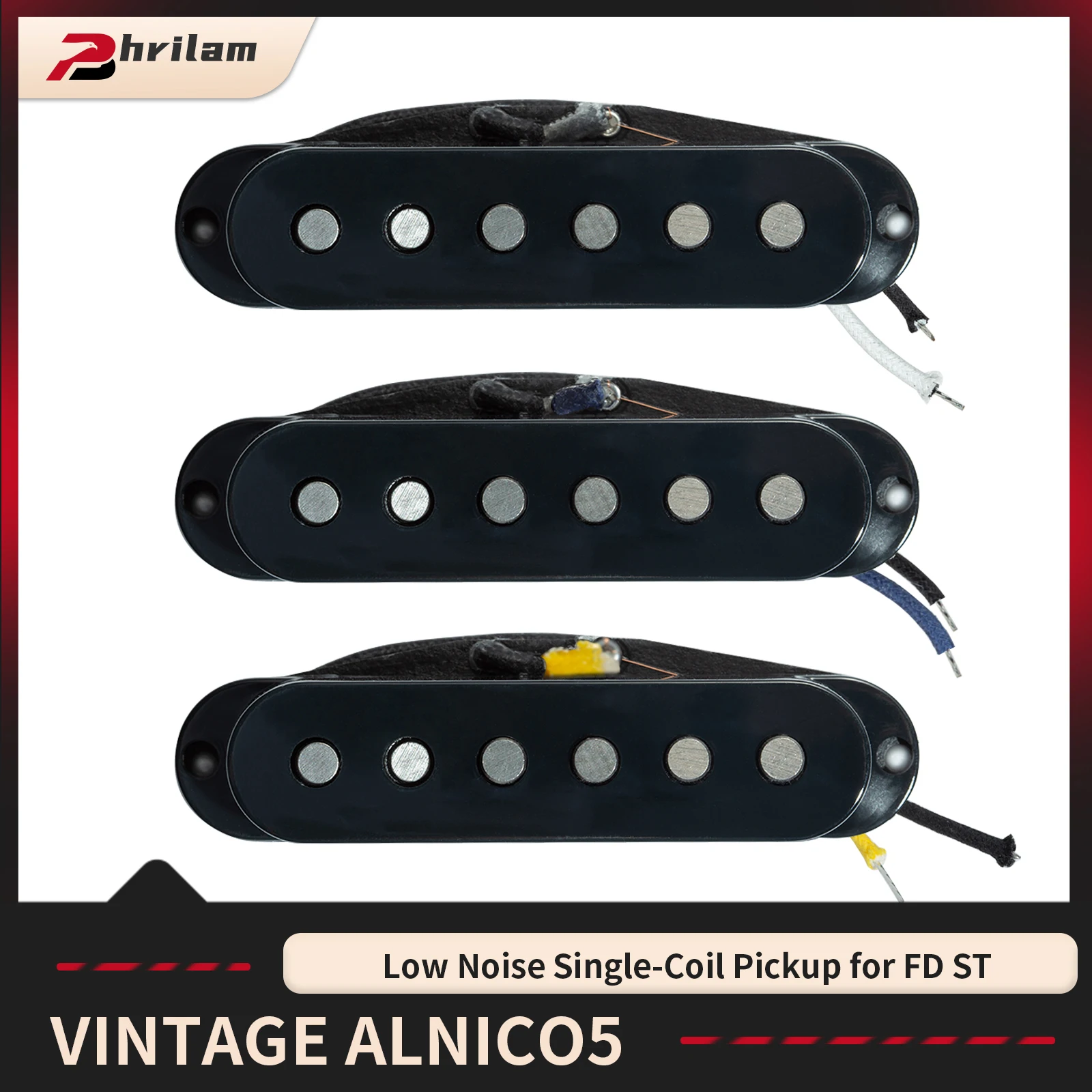 PHRILAM Fiber Bobbin Vintage Alnico5 Low Noise Single-Coil Pickup für FD ST Style E-Gitarre, Weiß/Schwarz/Creme Image