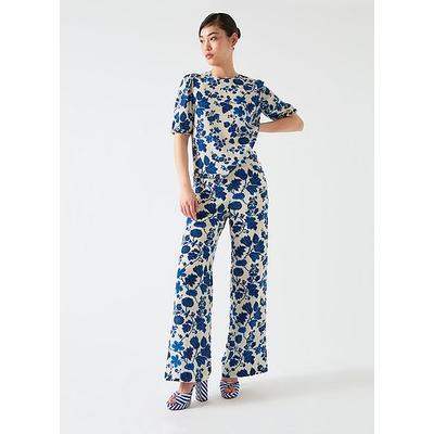 Brielle Birch & Blue Silk China Silk Floral Trouser, Cream