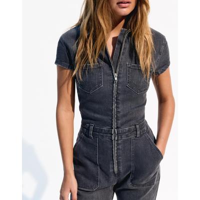 Bershka Short Sleeve Denim Jumpsuit Women M Dark Grey
