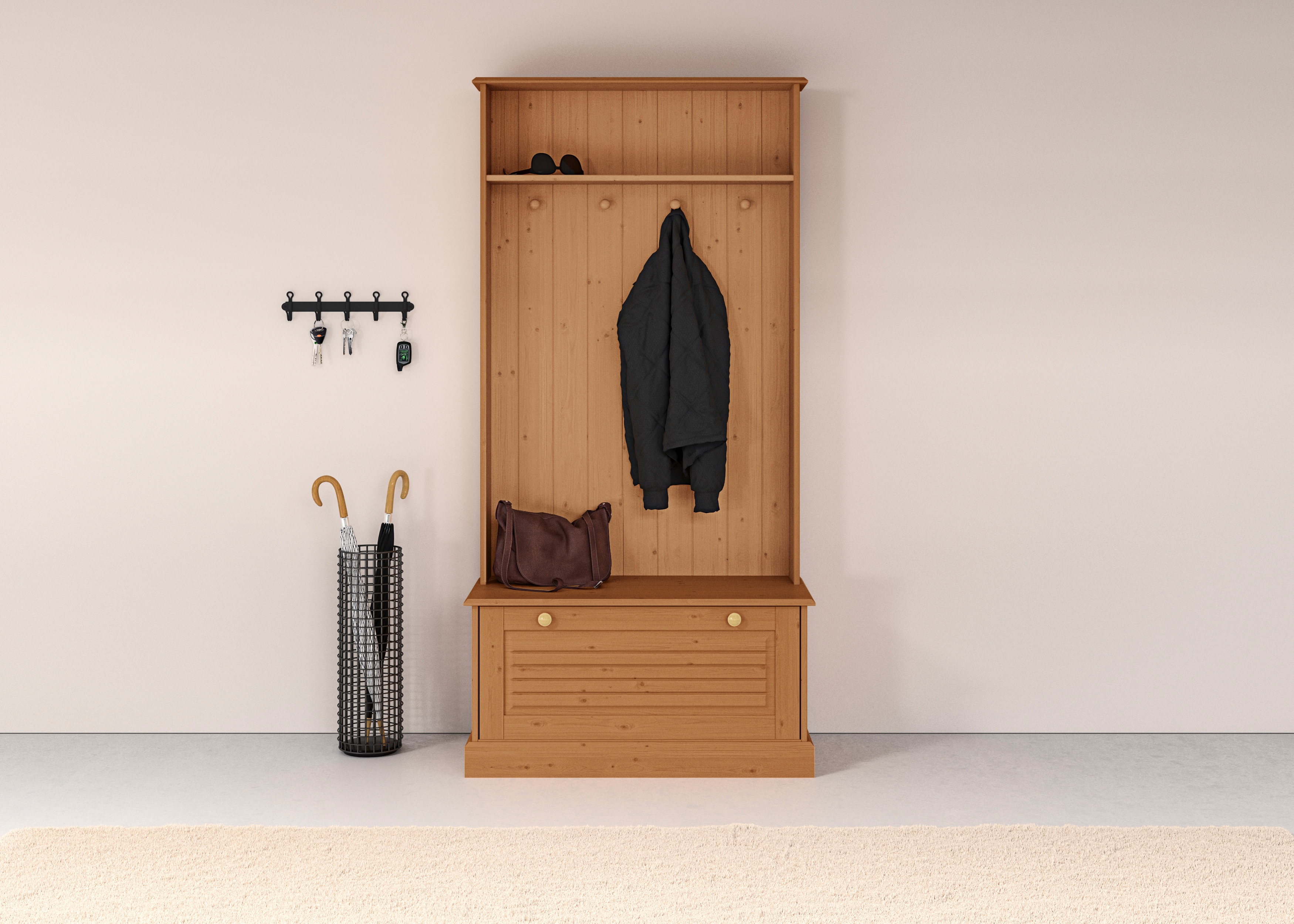Kompaktgarderobe HOME AFFAIRE "Liotta", beige (natur gebeizt, gewachst), B:89cm H:180cm T:42cm, Massivholz, Schränke, Mit einer Klappe und 4 Kleiderhacken