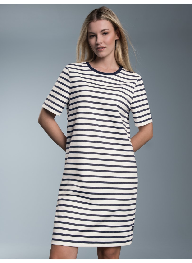 Jerseykleid TRIGEMA "TRIGEMA Sweatkleid mit Ringelmuster", Damen, Gr. L, US-Größen, beige (natur), 70% Baumwolle, 30% Polyester, Basic, Kleider Jerseykleid