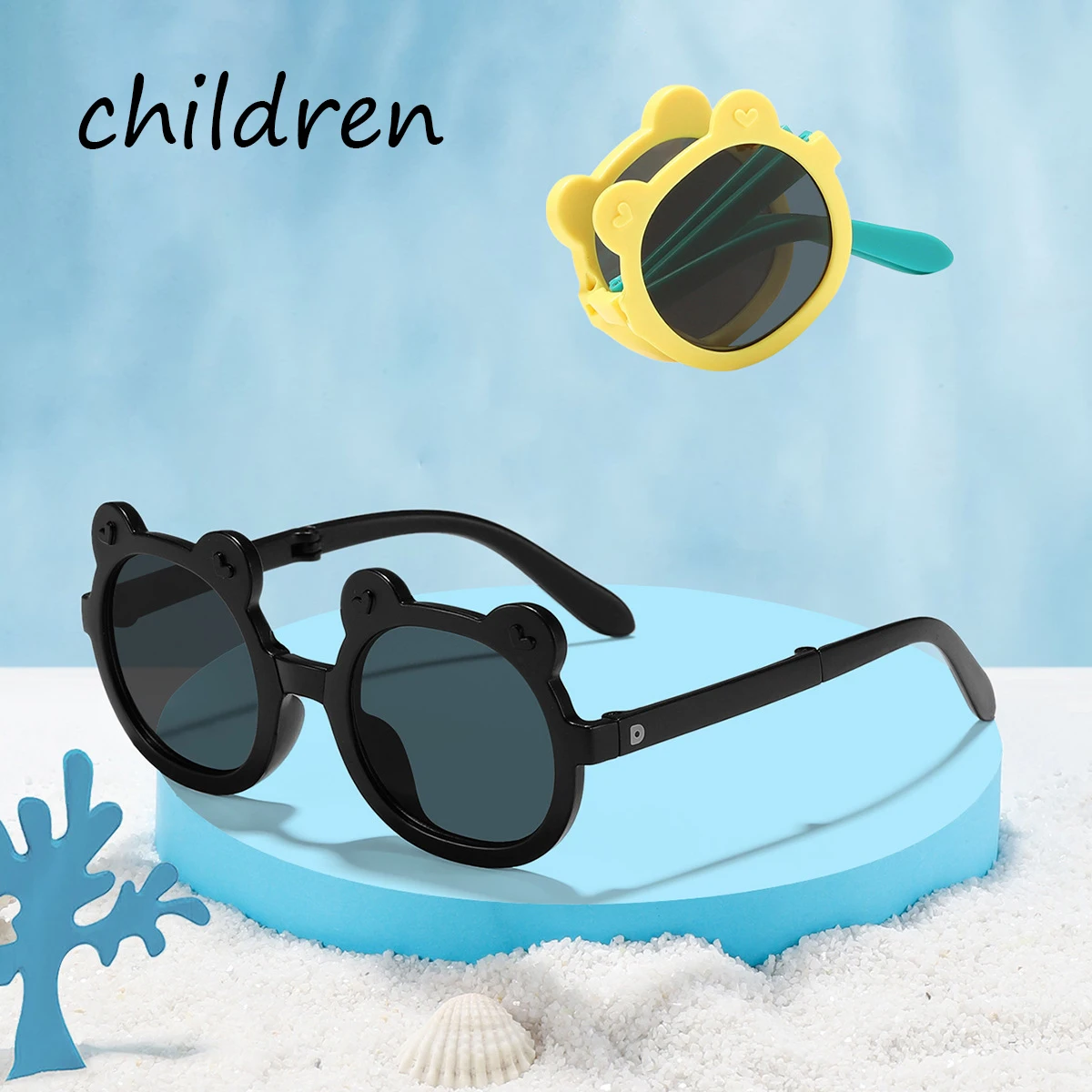 2025 Neue Kinder-Cartoon-niedliche Teddybär-Sonnenbrille in Bonbonfarben, tragbar, faltbar, kontrastierend, trendig und vielseitig Image