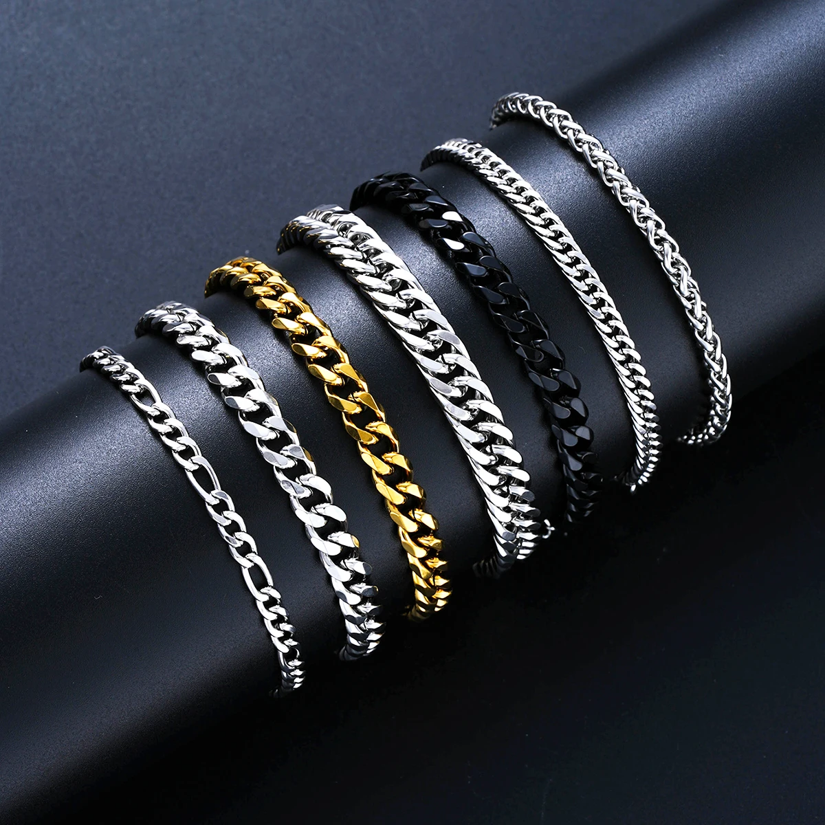 7Pcs Stainless Steel Gold Plated Cuban Bracelets For Men Women Punk Silver Black Plated Twisted Chain Bracelet Daily Wear Gift Image