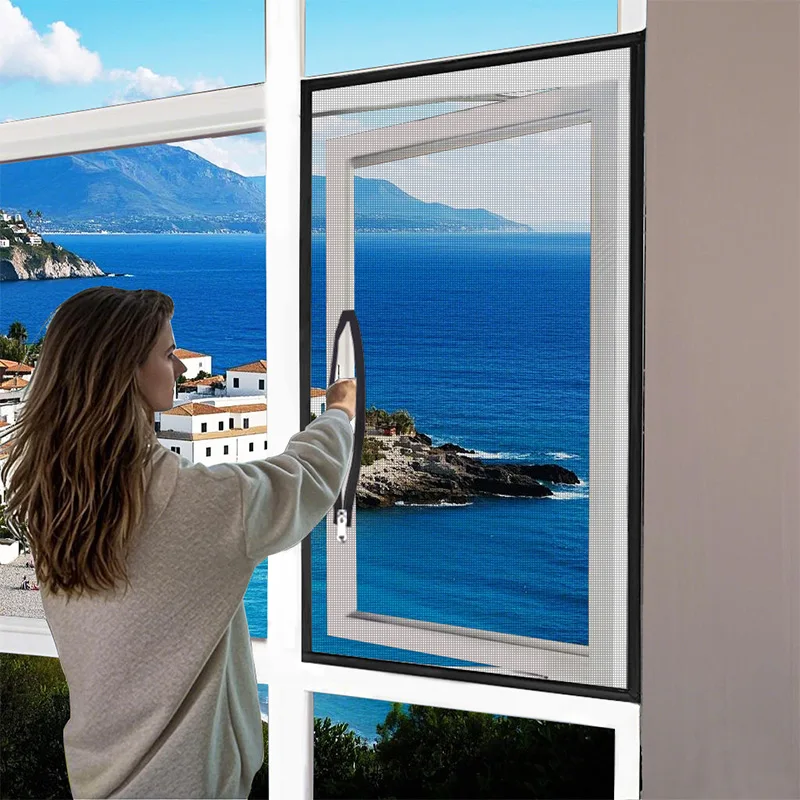 Schwarzes Fenster-Moskitonetz mit Griff, Fenstergitter, Reißverschluss, offen, individuelle Größe, Netzstoff, Tüll, unsichtbare Glasfaser-Dach, Oberlichter