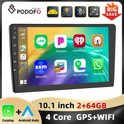 Podofo Android 10.1'' Car Radio WIFI HiFi Multimedia Player GPS Navigation 2+64G Carplay Android Auto Mirror Link FM Car Audio