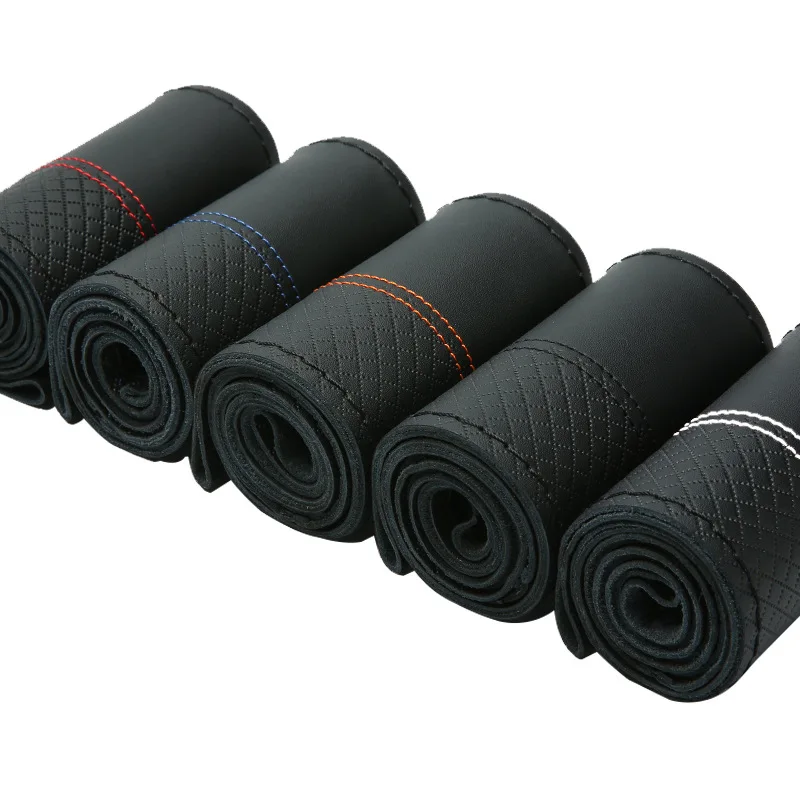 38 cm geflochtener Lenkradbezug, weiches, genarbtes Rindsleder, handgenäht, schwarz, mit doppelten Kontrastnähten Image