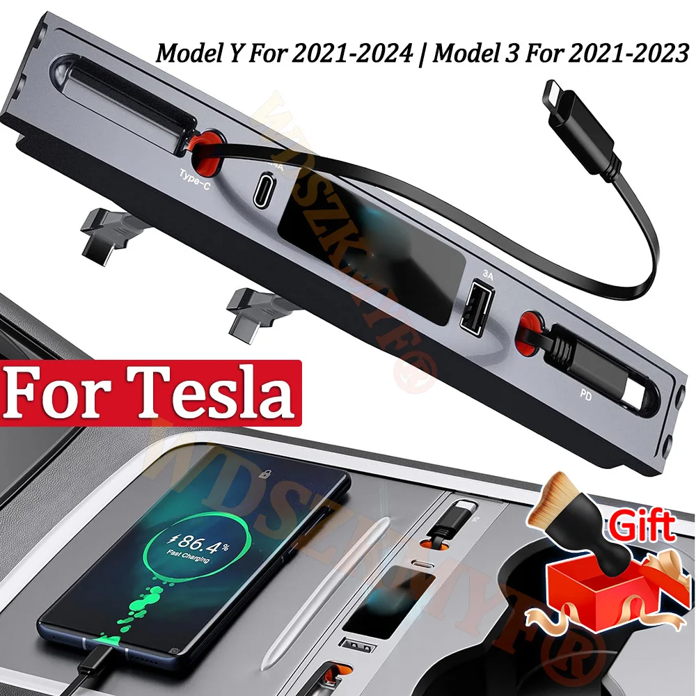 Für Tesla Modell 3 Modell Y Auto USB Ladegerät mit einziehbarem Kabel USB Center Konsole Adapter 27 W PD Typ C QC 3,0 GESCHENK Pinsel * 1 Image