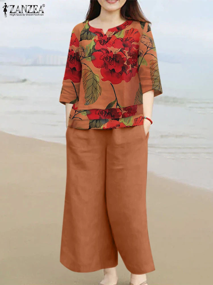 2024 Zanzea Frauen Top Hose 2 stücke Outfits lässig Urlaub solide weites Bein Hosen anzüge 2 Stück Set Blumen druck Blusen Hose Sets Image