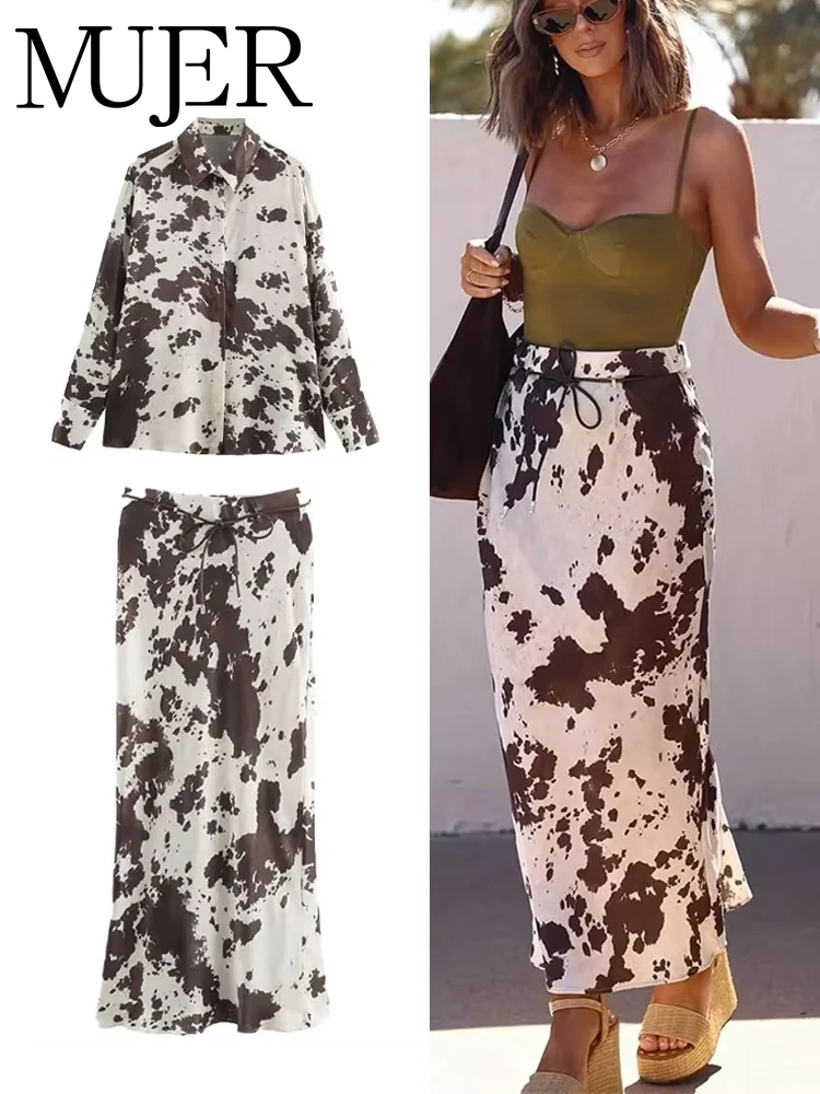 MUJER imprimer Satin jupes longues pour femmes taille haute jupe Midi femme printemps ceinture femmes jupe cylindre Vintage femmes jupe ensembles