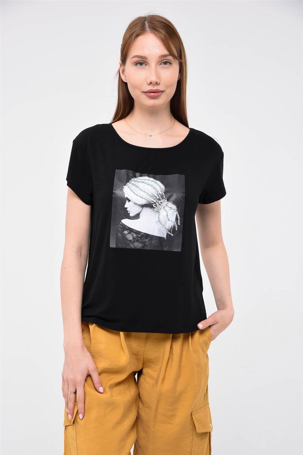 Steinverziertes Mädchen-Print T-Shirt mit Haardesign Image