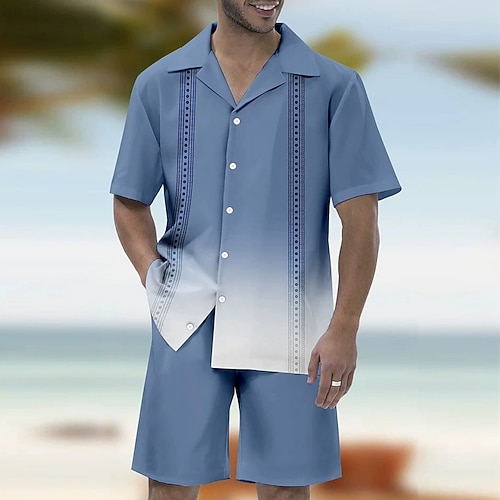 Herren Ombre Druck 2St Hemden-Sets Hemd Kurzarm Kurze Hosen Kubanisches Halsband Urlaub Party Lässig Täglich 3D-Druck Sommer Rubinrot Image