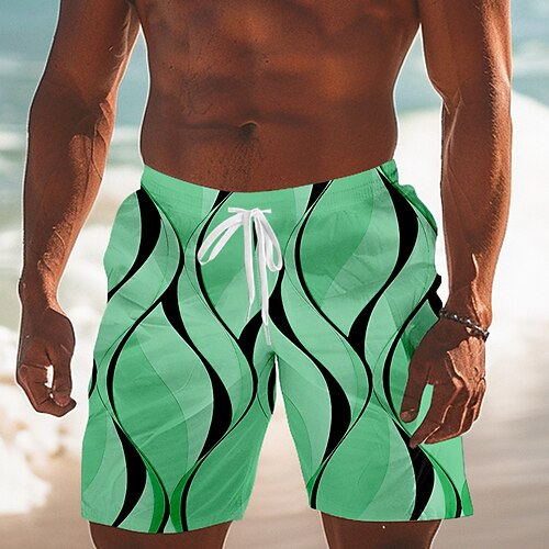 Herren Geometrisch Linie Badehosen Badeshorts Boardshorts Mittlere Taille Streetwear Hawaiianisch Urlaub Kordelzug Netzfutter Elastischer Bund Designer Bekleidung Image