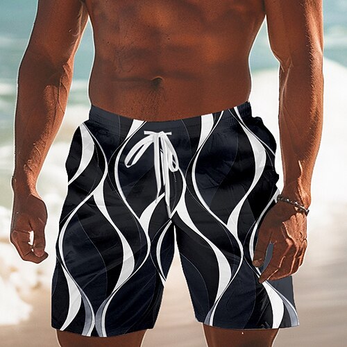 Herren Geometrisch Linie Badehosen Badeshorts Boardshorts Mittlere Taille Streetwear Hawaiianisch Urlaub Kordelzug Netzfutter Elastischer Bund Designer Bekleidung Image