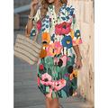 Womens Mini Kleid Lässiges Kleid Sommer Kleid Stylisch Basic Lässig Urlaub Täglich Reguläre Passform Floral Grafik 3/4 Länge Ärmel V-Ausschnitt Grün Sommer Frühling