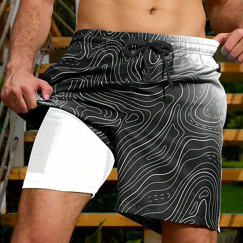 Herren Geometrisch Farbverlauf Gefütterte Shorts 2 in 1 Badeshorts Badeshorts Mittlere Taille Hawaiianisch Urlaub Ferien Strandbekleidung Seitentaschen Mit Kompressionsfutter Elastischer Kordelzug in Image