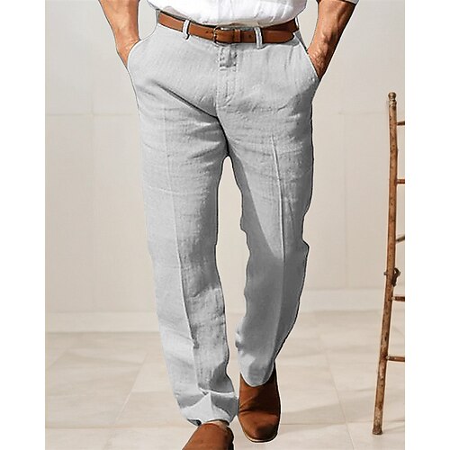 Herren Abschlußfeier Anzughose Leinenhosen Sommerhose Knöpfe Tasche Einfach Komfort Atmungsaktiv Büro Täglich Schwarz Weiß Image
