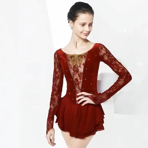 Eiskunstlaufkleid Damen Mädchen Eislaufen Kleider Burgund Patchwork Daumenloch Gitter Spandex Spitze elastisch Ausbildung Praxis Professionell Eiskunstlaufkleidung warm Klassisch Kristalle Langarm Image