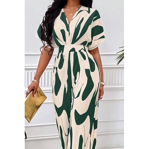 Damen Normal Jumpsuit Strassenmode Geometrisch Halbe Ärmel Fledermaus Ärmel V Ausschnitt Bedruckt Strasse Täglich Lockere Passform Braun Grün Aprikose Sommer Image