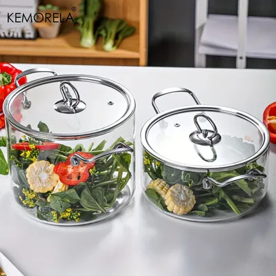 KEMORELA 1PCS Glass Cooking Pot 2.5L/3.5L Heat Resistant Simmer Pot Dual Handles Pots with Pot Lid