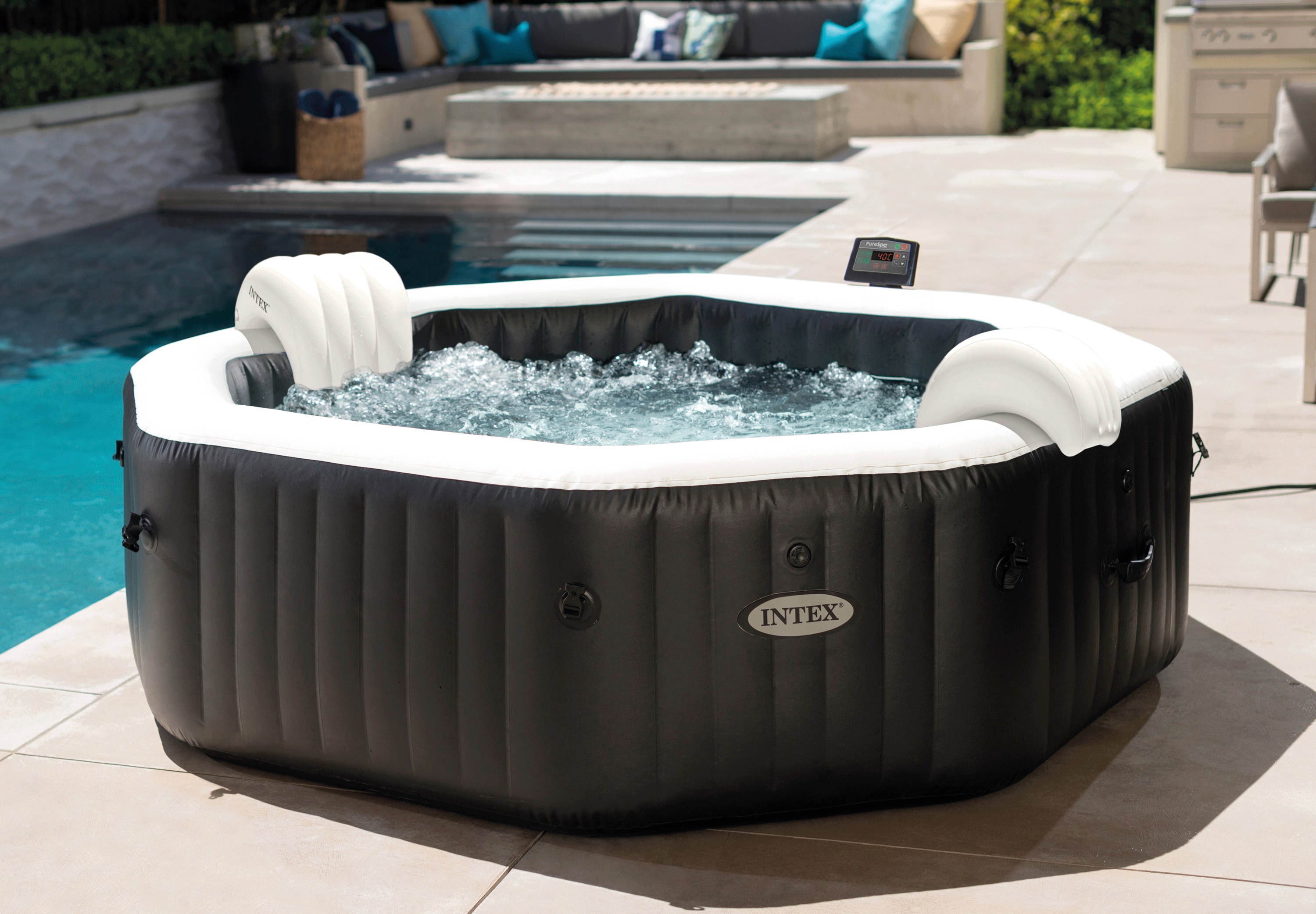 Whirlpool INTEX "PureSPA "Jet + Bubble Deluxe" octagon, onyx black", bunt (schwarz, weiß, beige), B:218cm H:71cm L:218cm, Whirlpools, 8-tlg., mit Salzwassersystem, in verschiedenen Größen