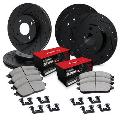 R1 Concepts Brake Disc & Pad Kit eLINE Black Rotors with Optimum OEp Pads Series, Front Rear, 1 Year Limited Warranty WHUH2-72041