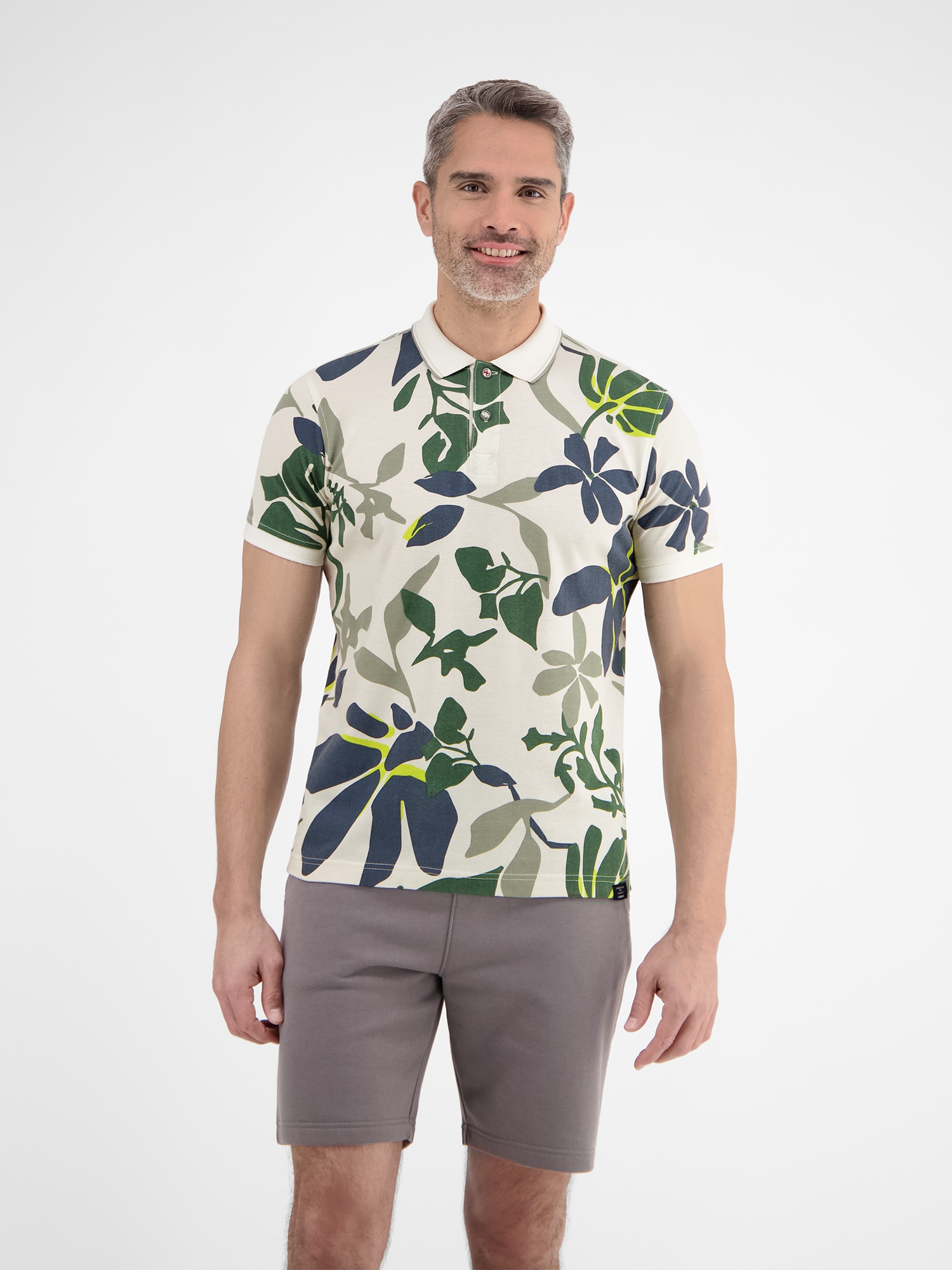 Poloshirt LERROS "LERROS Poloshirt, sommerlich-floral gemustert", Herren, Gr. 3XL, weiß (broken weiß), 100% Baumwolle, ohne Ausschnitt, Shirts Image