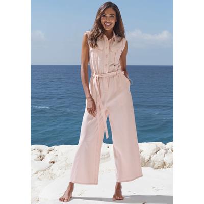 Overall BUFFALO, Damen, Gr. 38, N-Gr, rot (apricot), Web, Obermaterial: 55% Leinen, 45% Viskose, unifarben, modisch, figurumspielend lang, Rundhals, ohne Ärmel, Overalls, aus Leinenmix, sommerlicher Jumpsuit mit Taschen Image